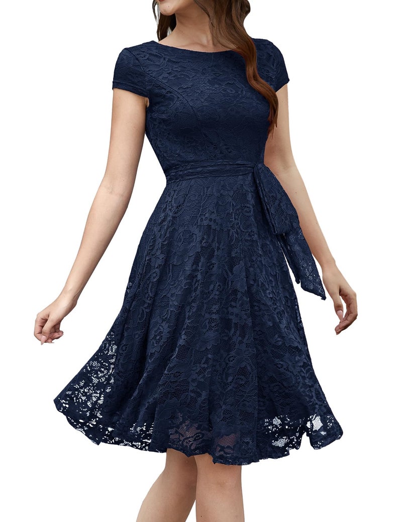 MUADRESS Women Cap-Sleeve Lace Floral Elegant Cocktail Dress Crew Neck Knee Length Bridesmaid Prom Dresses for Party Navy S - Image 1